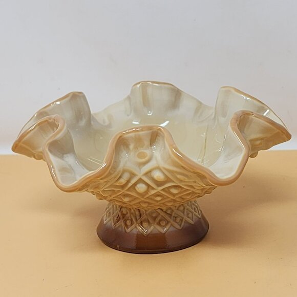 Vintage Ruffled Edge Ceramic Compote Dish Intricate Diamond PatternGlossy Finish - Picture 3 of 11